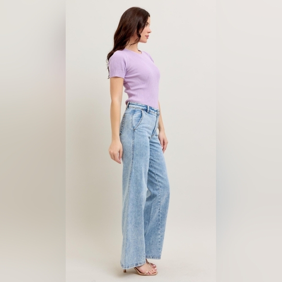 Judy Blue HR Retro Wide Fit Jeans Light Stone Washed Skewed Twisted Inseam NEW - Picture 5 of 16